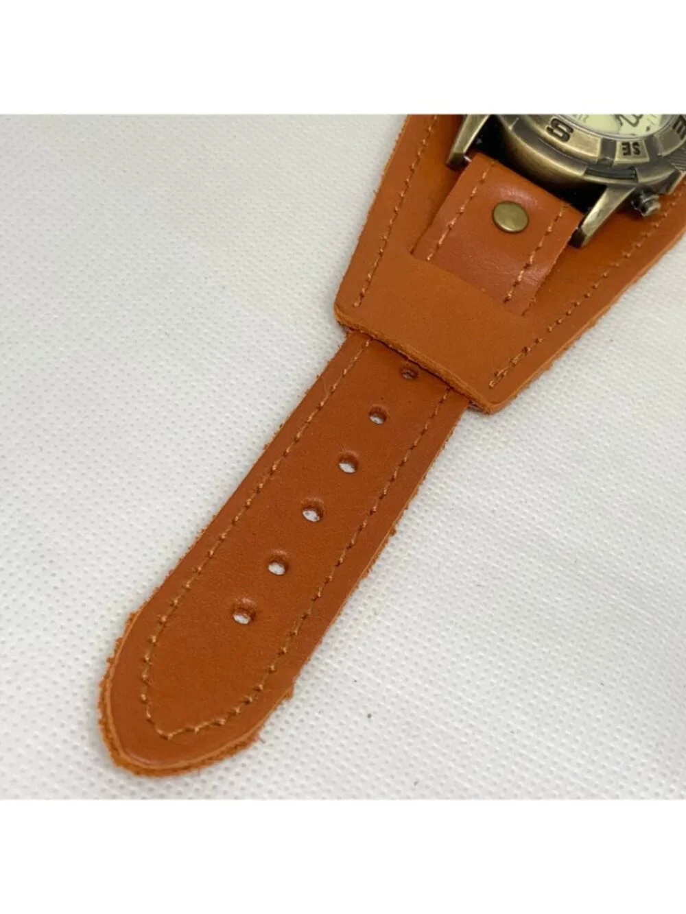 Men’s quartz analog watch 43mm  cooper toned , brown leather band running